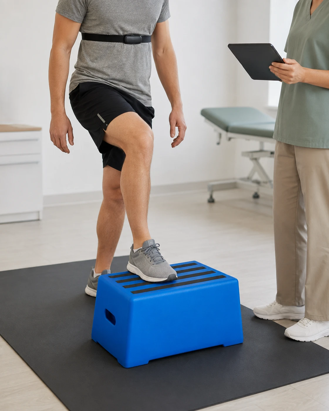 Pacjent wykonujący Chester Step Test pod nadzorem personelu medycznego